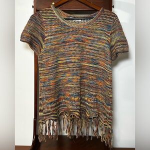 John Paul Richard Women’s Medium Multicolor Knit Fringe Short Sleeve Sweater Top